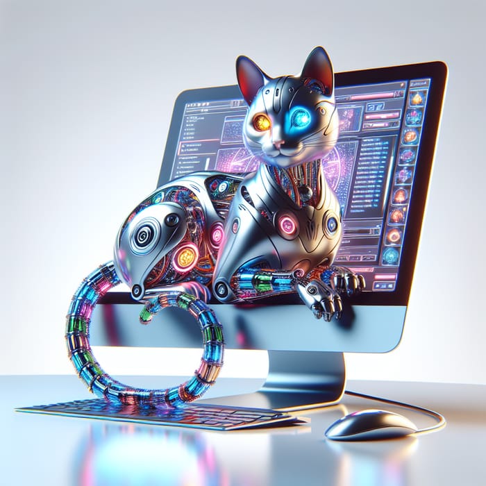 Very Cute Cyborg Cat on Computer - Futuristic Feline Scene