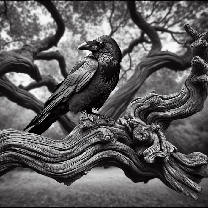Intelligent Crow Perched on Ancient Tree