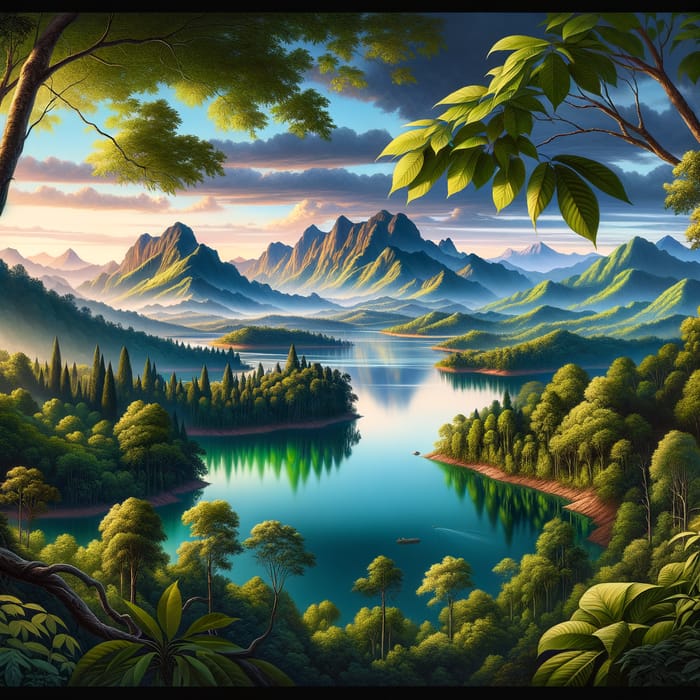 Tranquil Landscape: Serene Greenery, Breathtaking Mountains & Peaceful Lake