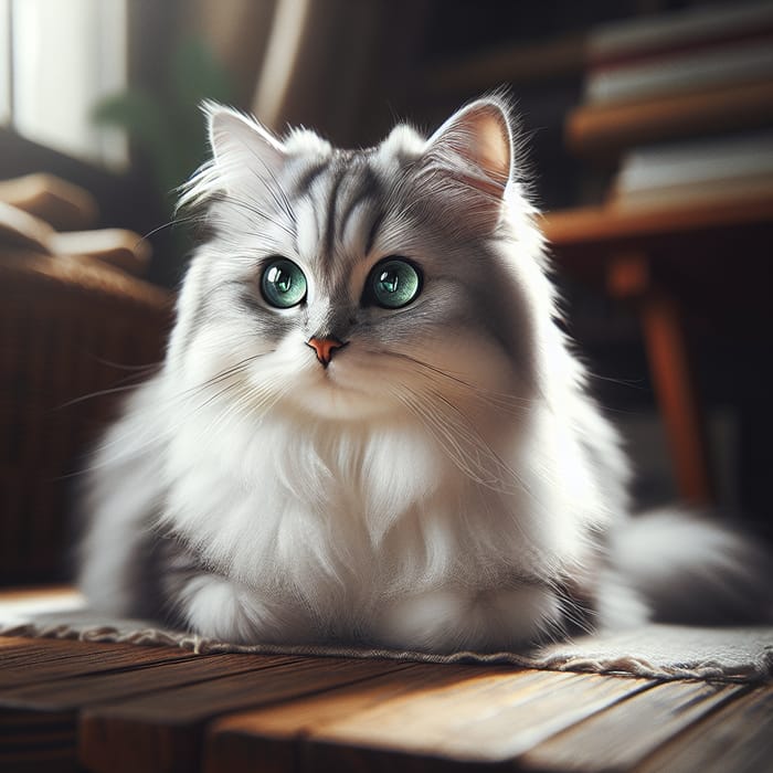 Cute Domestic Cat with Fluffy Silver & White Fur