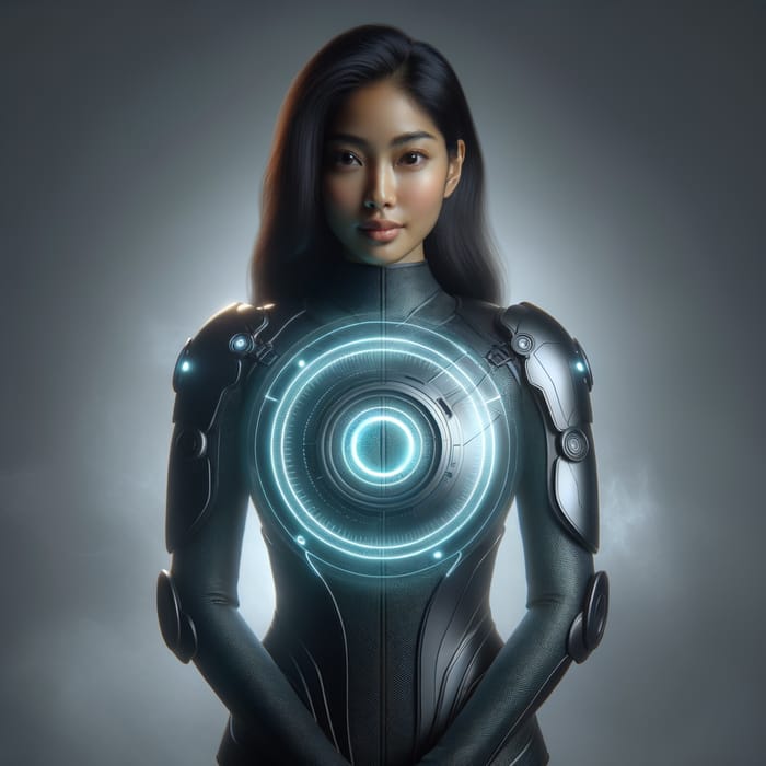 Futuristic Woman with Digital Badge and Protective Energy Shield