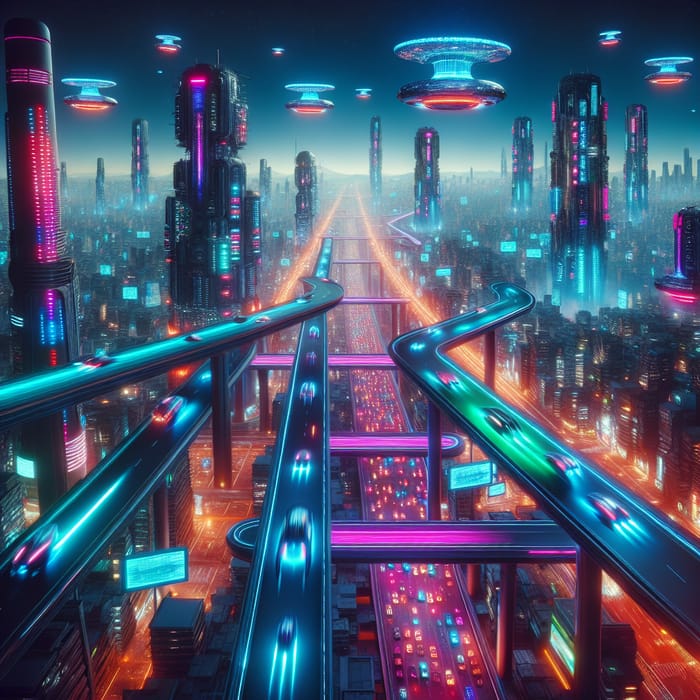 Vibrant Cyberpunk Cityscape: Neon Lights & Flying Cars