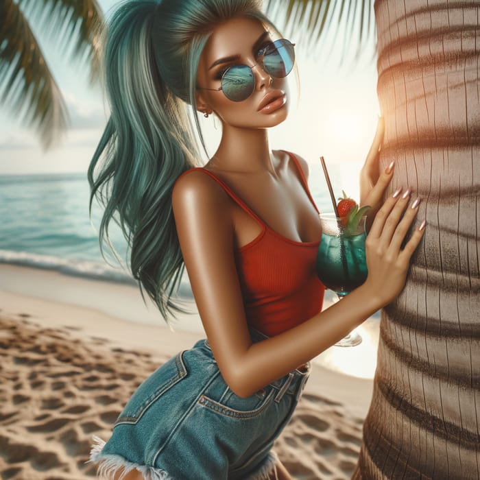 Stunning Beach Look with Teal-Colored Hair and Denim Shorts