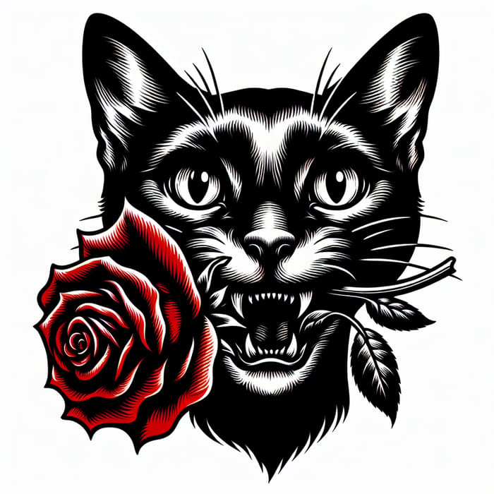 Black Cat with Red Rose - Stunning Picture