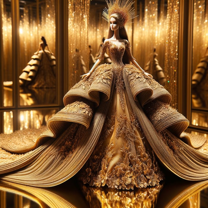 Barbie in Grandiose Golden Gown: Stunning Fashion Doll in Luxurious Attire