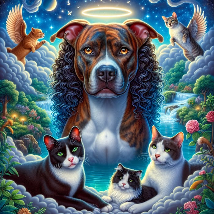 Mystical Scene with Pit Bull Dog, Shamanistic Woman, and Cats in Lush Landscape