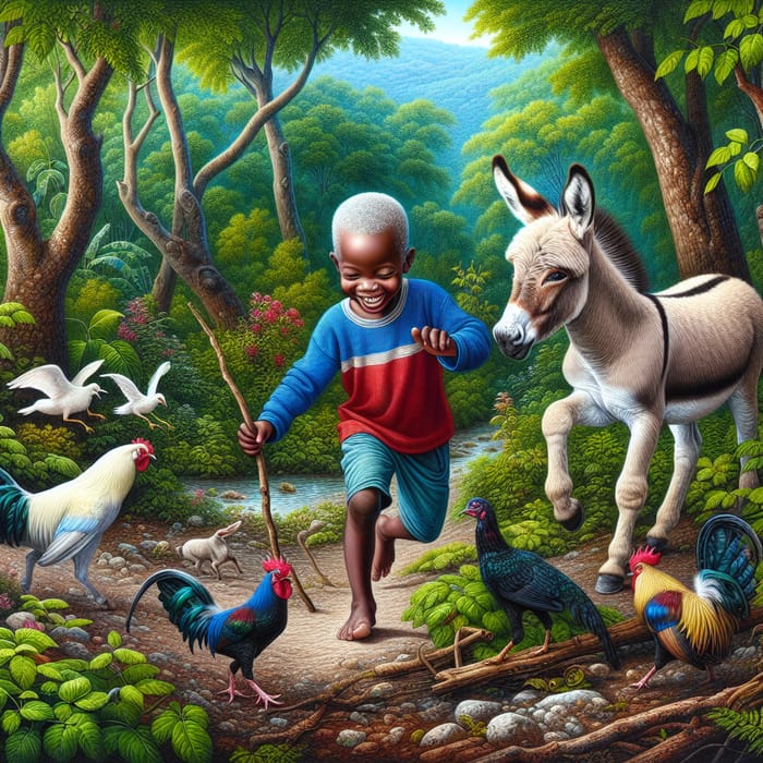 Detailed Close-Up Illustration of Haitian Boy with Graying Hair Playing in the Woods with Animals