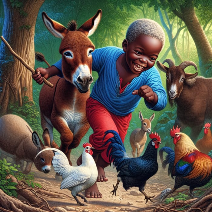 Ultra-Detailed Haitian Male Child Playing in Woods with Animals Illustration
