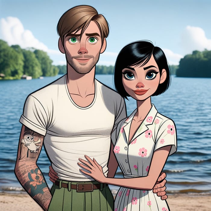 Vintage Hand-Drawn Animation Style Couple by Lake | High Quality Art