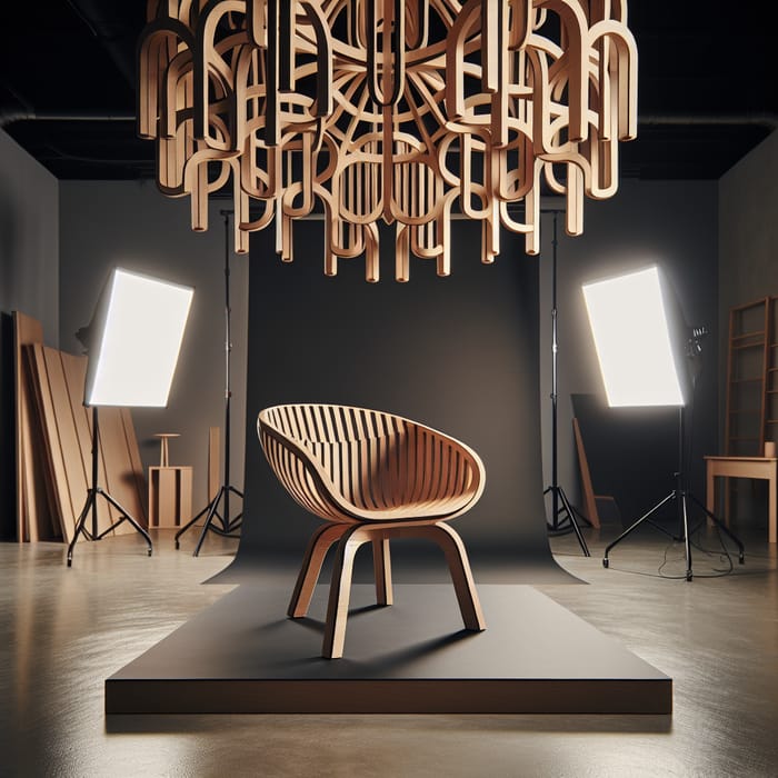 Parametric Wooden Chair & Designer Chandelier in Studio Photo