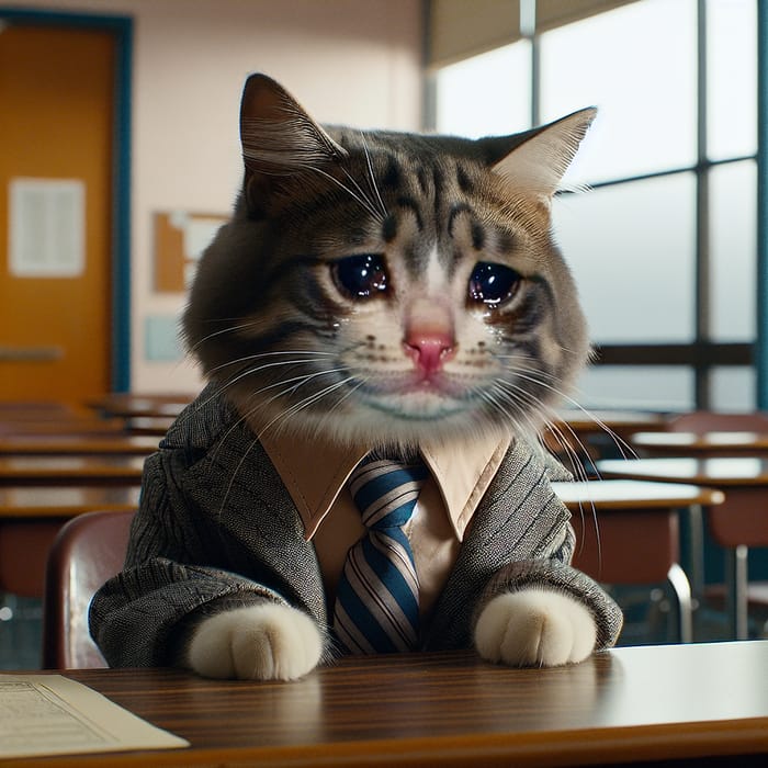 Emotional Cat in Suit and Tie at Classroom Desk