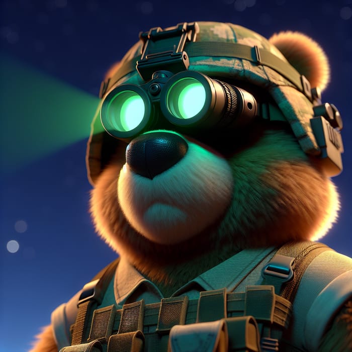 Cartoon Bear in Military Helmet with Night-Vision Goggles - Night Sky Scene