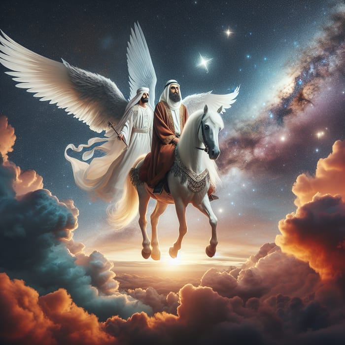 Arabian Man on Majestic Winged Horse Ascending to Celestial Realm with Angel