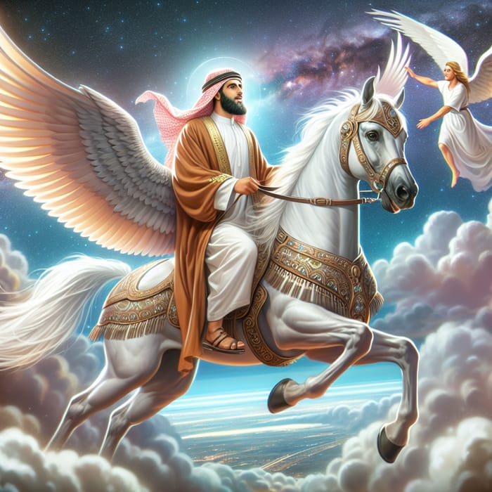 Arabian Man and Angel Ascending on Grand Winged White Horse