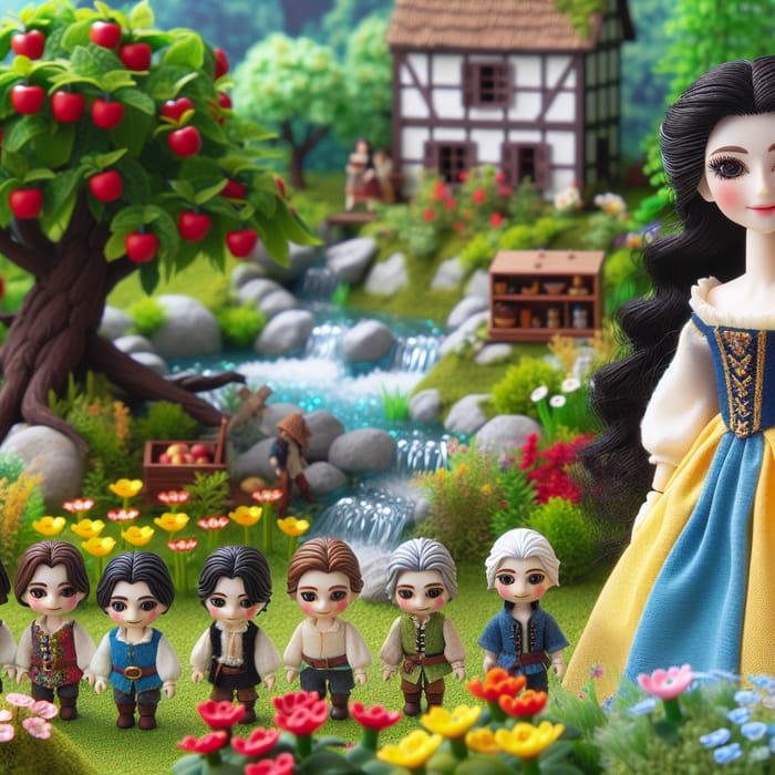 Snow White and the Seven Dwarfs in Enchanted Garden Landscape
