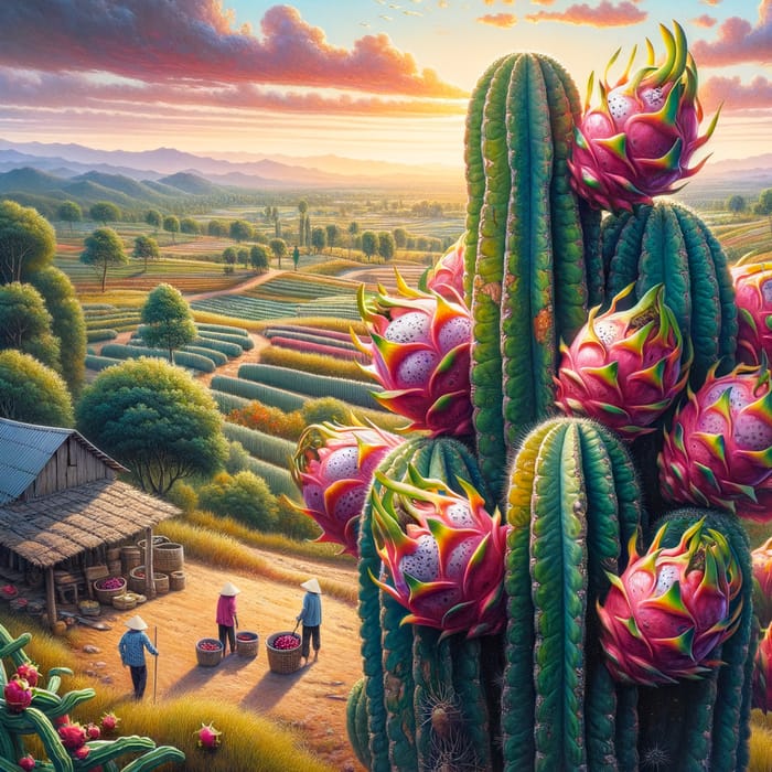 Dragon Fruit Farm in Vietnam: Vibrant Cacti & Farmers in Bucolic Sunset Scene