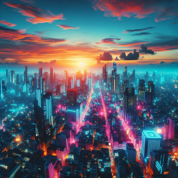 Futuristic Cyberpunk Cityscape at Sunset - Neon Lights