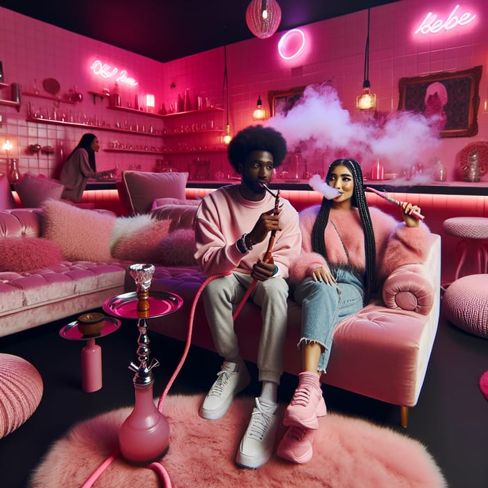Cozy Pink Room with Friends Sharing Hookah