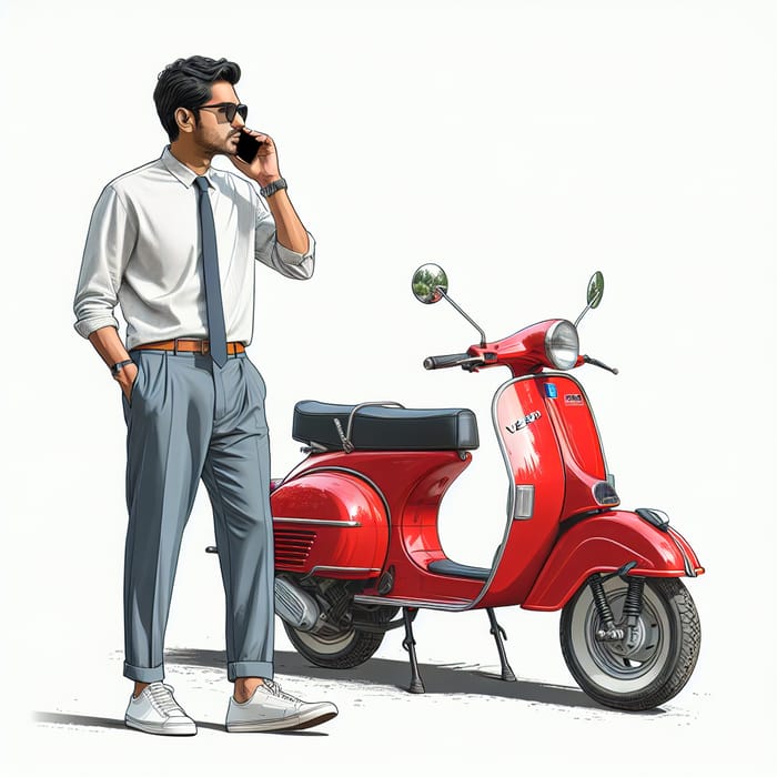 Realistic Photo of Man Talking on Phone Next to Red Vespa on Street