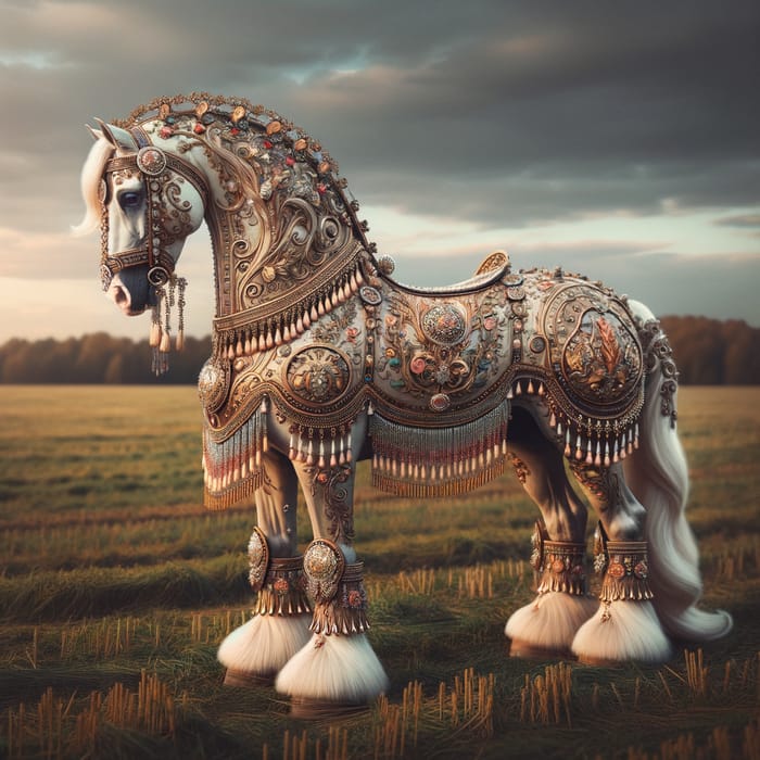 Magnificent Horse Adorned with Intricate Trimmmings in Open Field