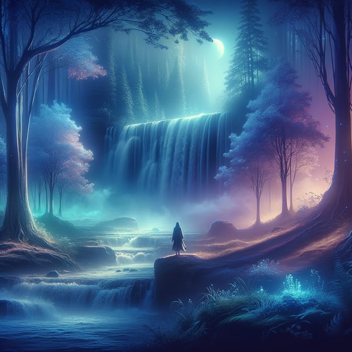 Mysterious Figure in Moonlit Forest: Capturing Ethereal Beauty Near Waterfall