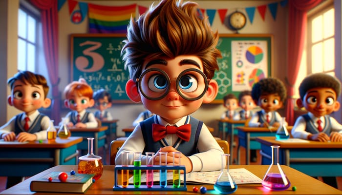 Curious Cartoon Boy in Vibrant Classroom