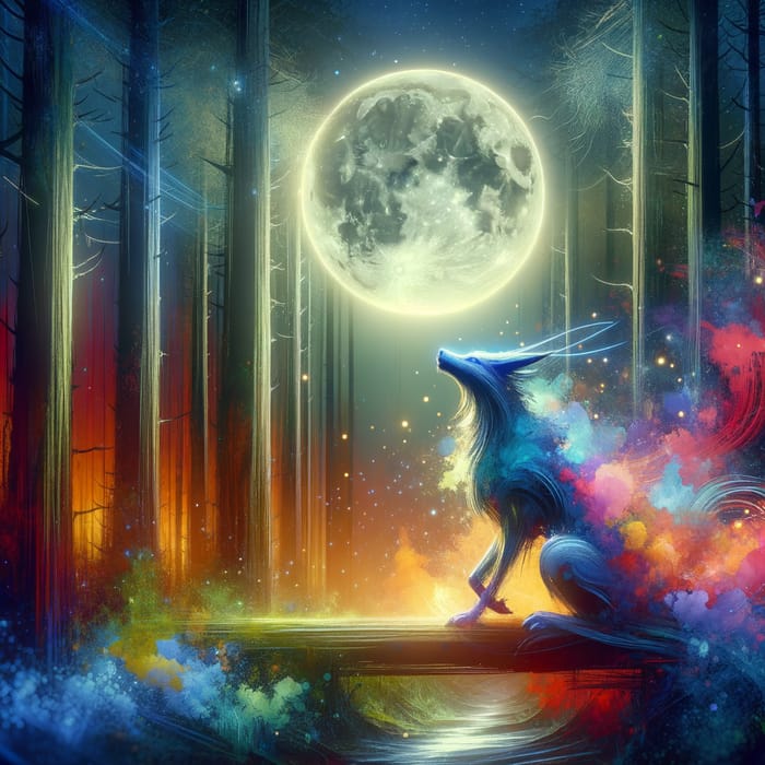 Moonlit Forest Mystical Creature - Fantasy Watercolor Art