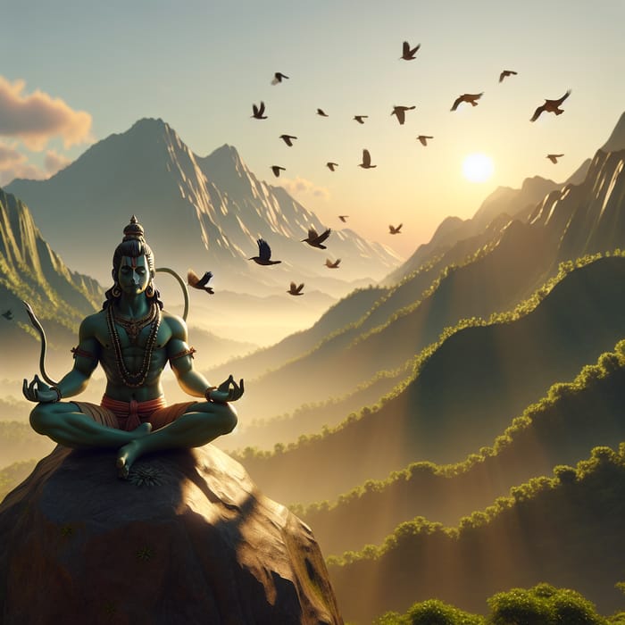 Lord Hanuman Meditating on Rock at Mountain Top with Early Morning Sun and Green Mountains in Background