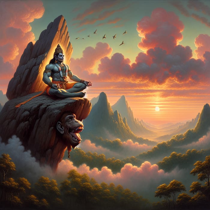 Majestic Lord Hanuman Meditating on Mountain Top at Sunrise