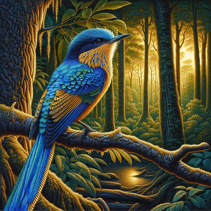 Azure & Gold Bird: Majestic in Tranquil Forest