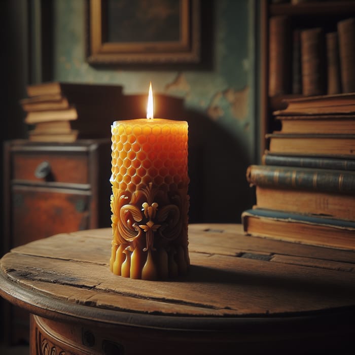 Elegant Beeswax Candle on Antique Table