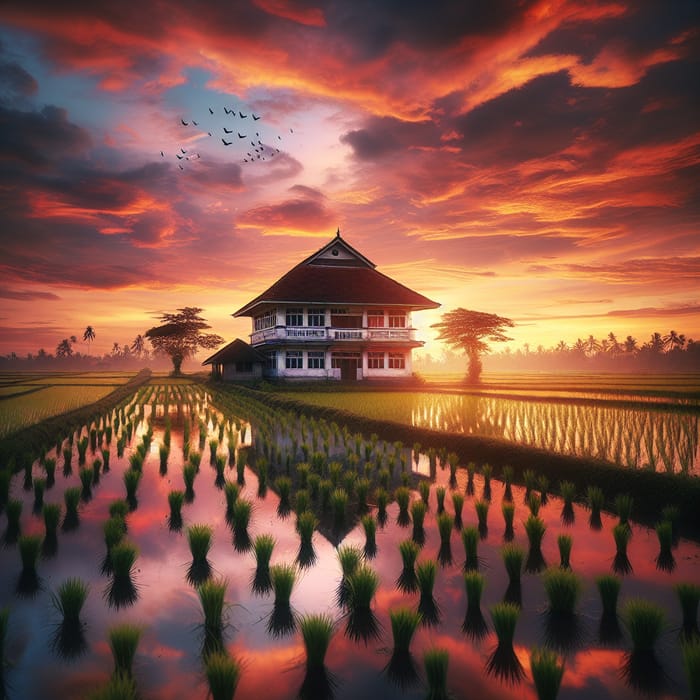 Traditional School Building in Rice Field at Sunset