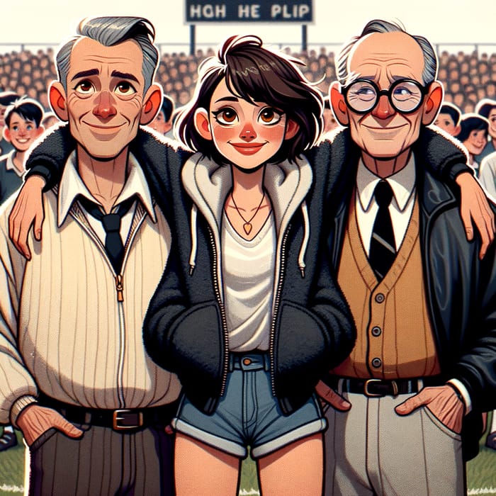Joyful Pixar-Style Movie Poster Featuring Young Woman and Older Men