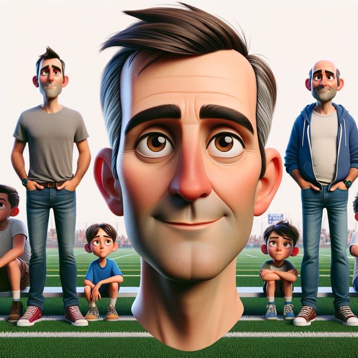 3D Animation Character with Close-Cropped Hair at Soccer Game