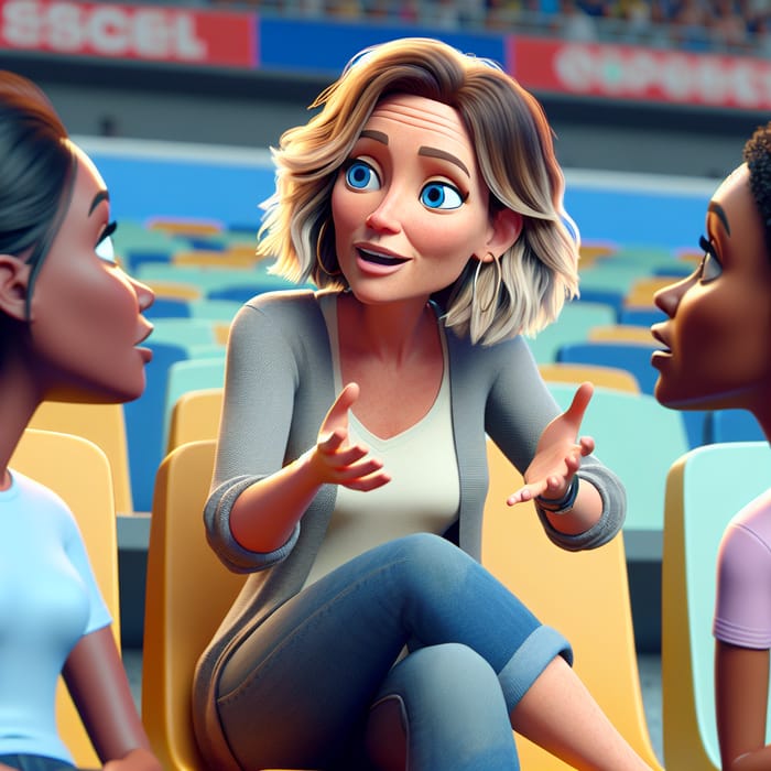 Vibrant 3D Animation: Middle-Aged Soccer Moms Conversing