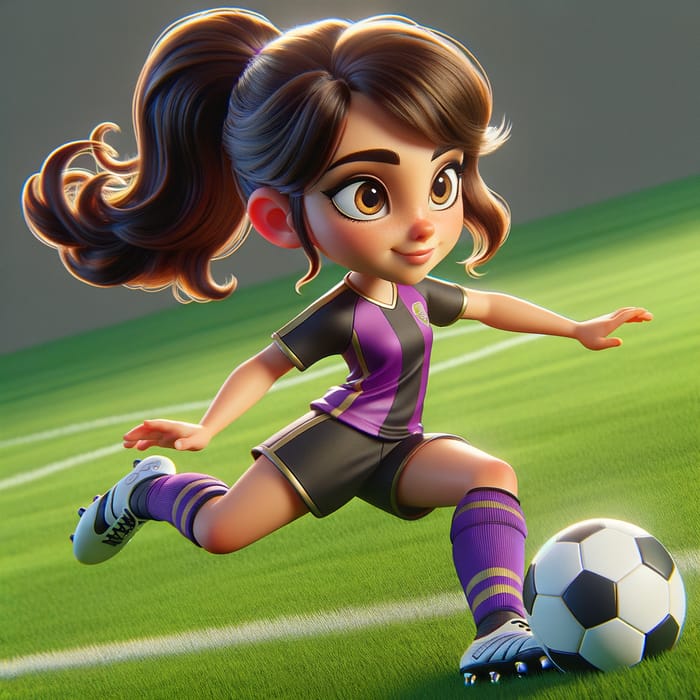 Animated Young Caucasian Girl Playing Soccer in Vibrant Disney Style