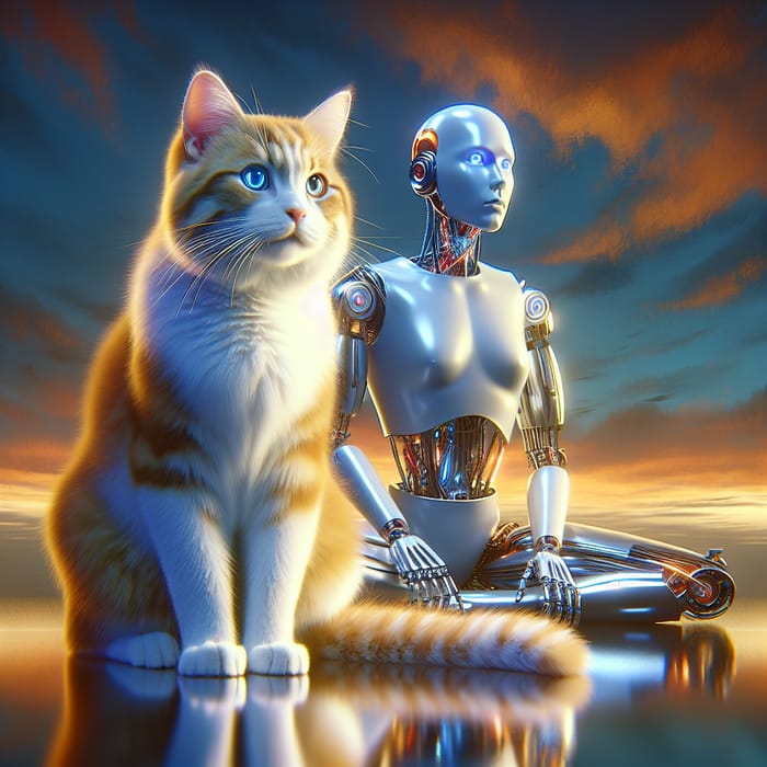 Captivating Cat and Android Under Twilight Sky