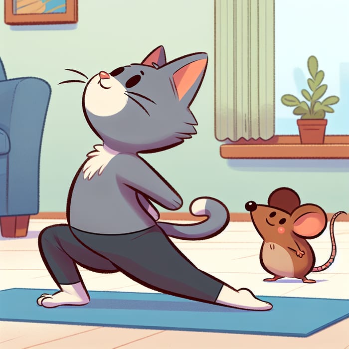 Tom and Jerry Yoga Fun: Playful Cat and Mischievous Mouse in Living Room