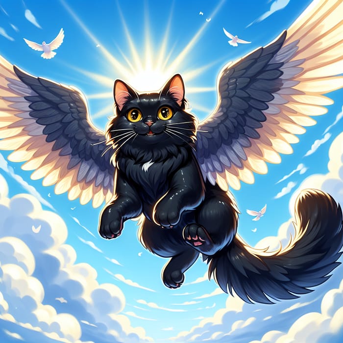Winged Cat Soaring in Azure Sky