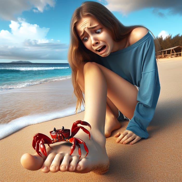Teen Girl Surprised by Crab Bite at Beach