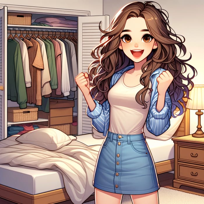 3D Animation of Emma with Long Curly Brown Hair Standing Happily Next to Bed