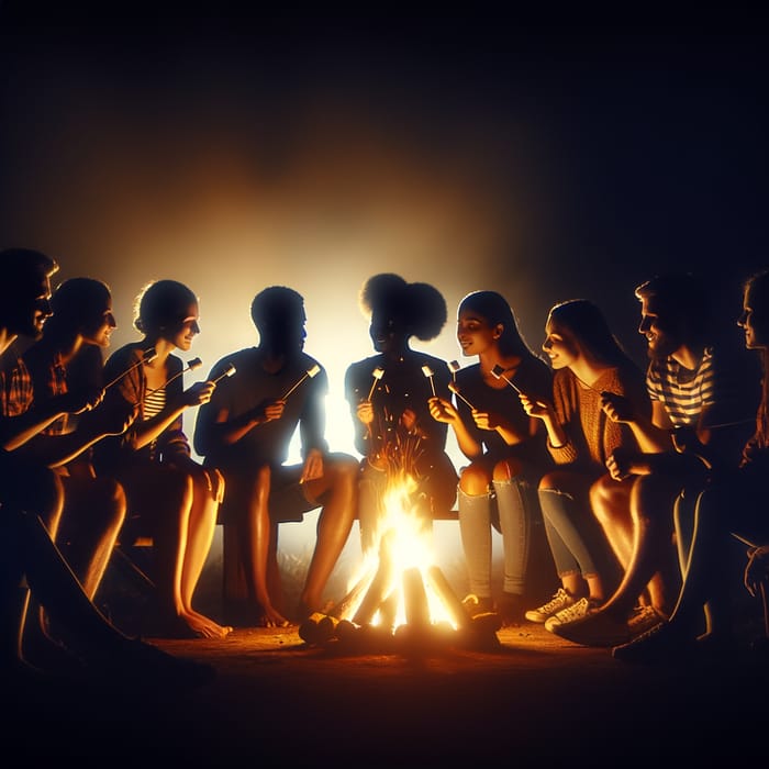 Silhouettes of Friends Roasting Marshmallows at Campfire