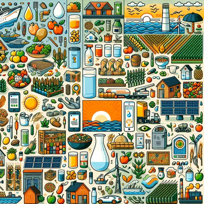 Visual Harmony of Essential Resources: Food, Water, Shelter & Energy