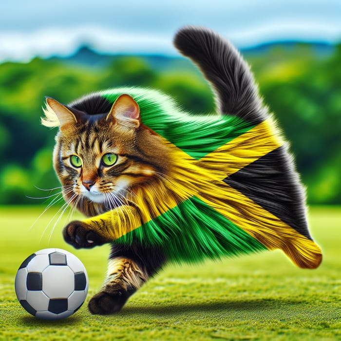 Jamaican Flag Cat Playing Soccer in Vibrant Colors