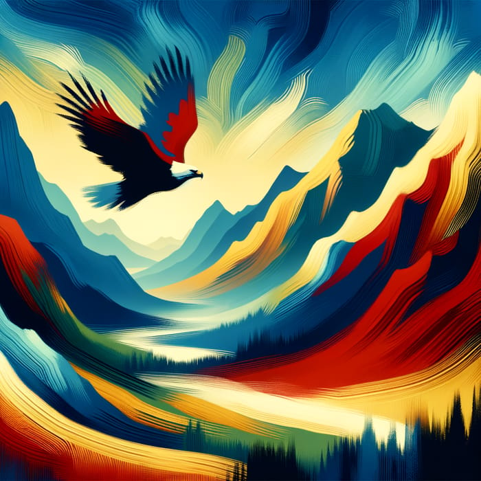 Abstract Painting: Eagle Soaring in Blue, Red & Yellow
