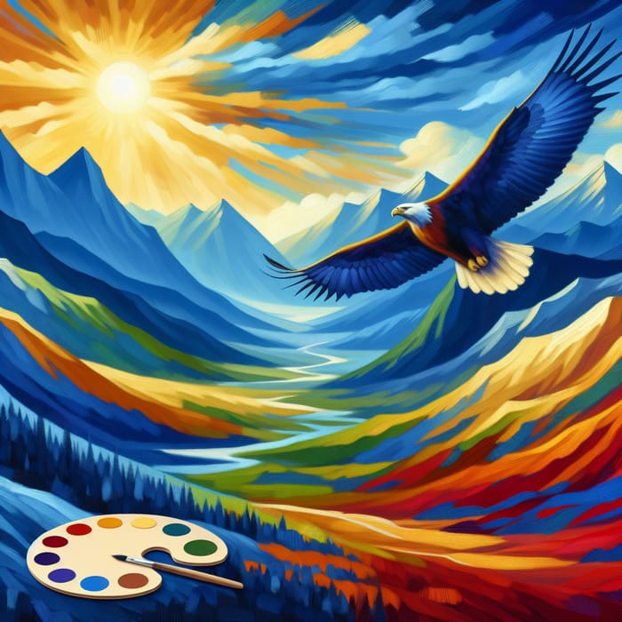 Vibrant Eagle Soaring Over Mountain Valley Painting