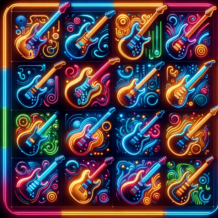 Neon Electric Guitars: Vibrant 4x4 Square Composition