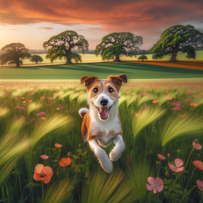 Happy Dog Playing in Beautiful Green Field