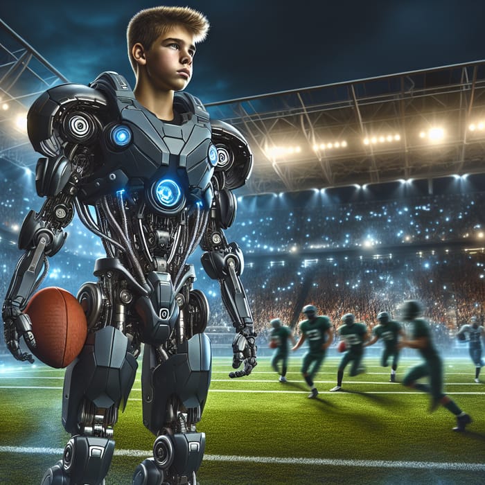 Futuristic Football Player in Mech-Styled Field