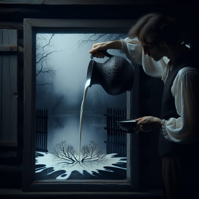 Poet Pouring Milk into Night Ponds | Melancholic Scene Unfolding
